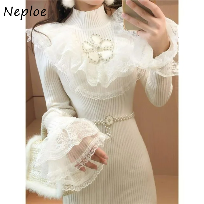 Neploe Stand Neck Lace Patchwork Rhinestone Robe Femme Solid Color Long Sleeve Hip Package Dresses Vestidos De Mujer Elegant