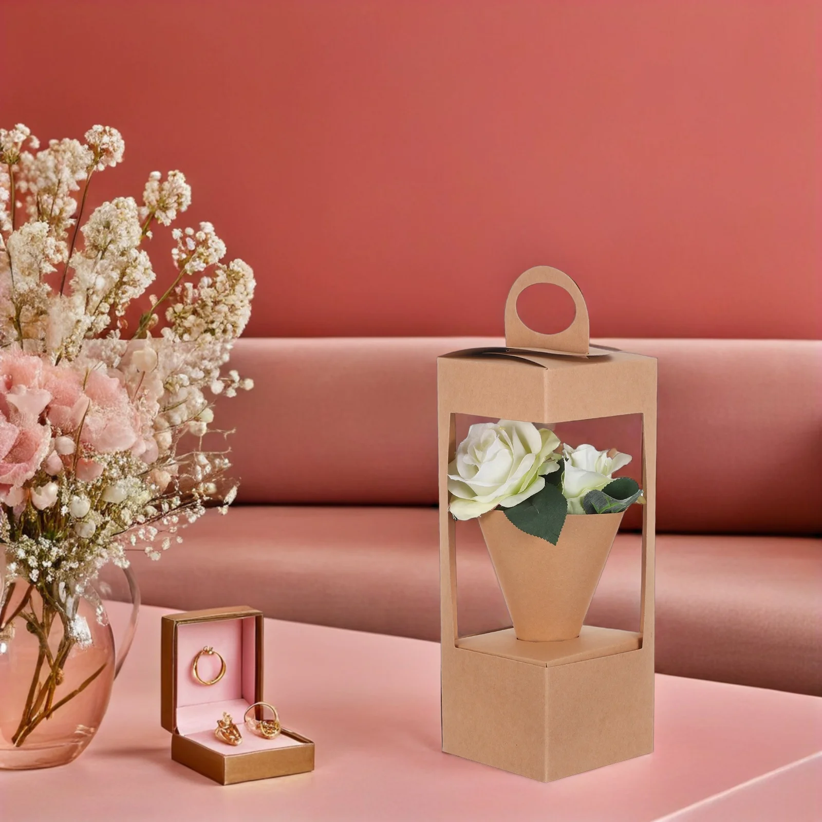 

10pcs Paper Flower Basket With Handle Rustic Dry Flower Arrangement Box For Weddings Events Gifting Portable Floral Decorative