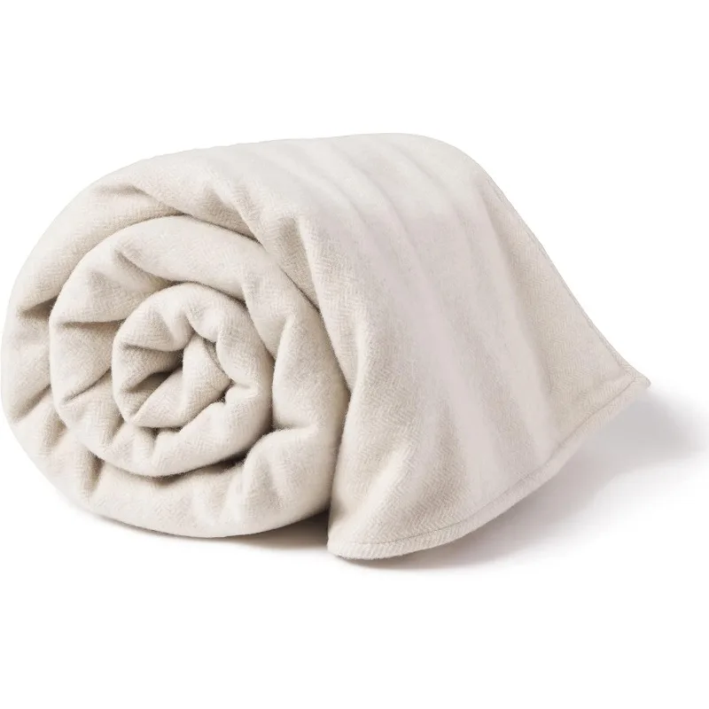 

Herringbone Throw Blanket Bed Made with Merino Wool & Cashmere Sourced from Inner Mongolia - (Beige/Ivory, 90"x60")