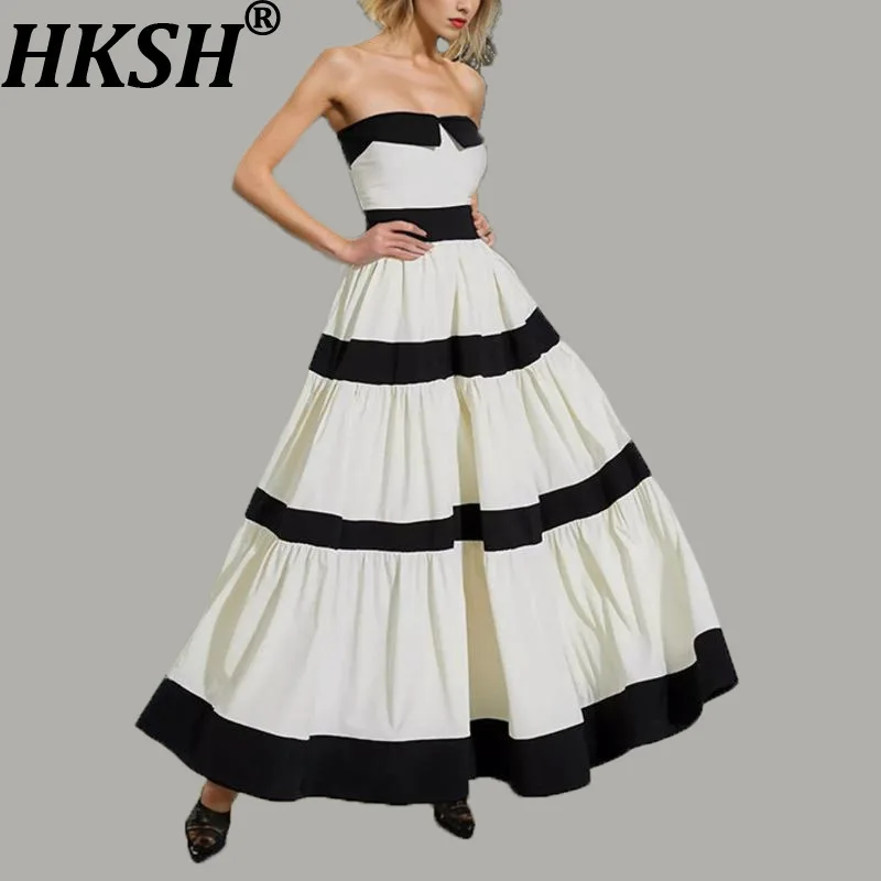 HKSH فستان نسائي صيفي جديد أنيق بدون حمالات مخطط بألوان متباينة مزين بفيونكة على شكل حرف a مطوي أنيق فساتين مثيرة HK9038