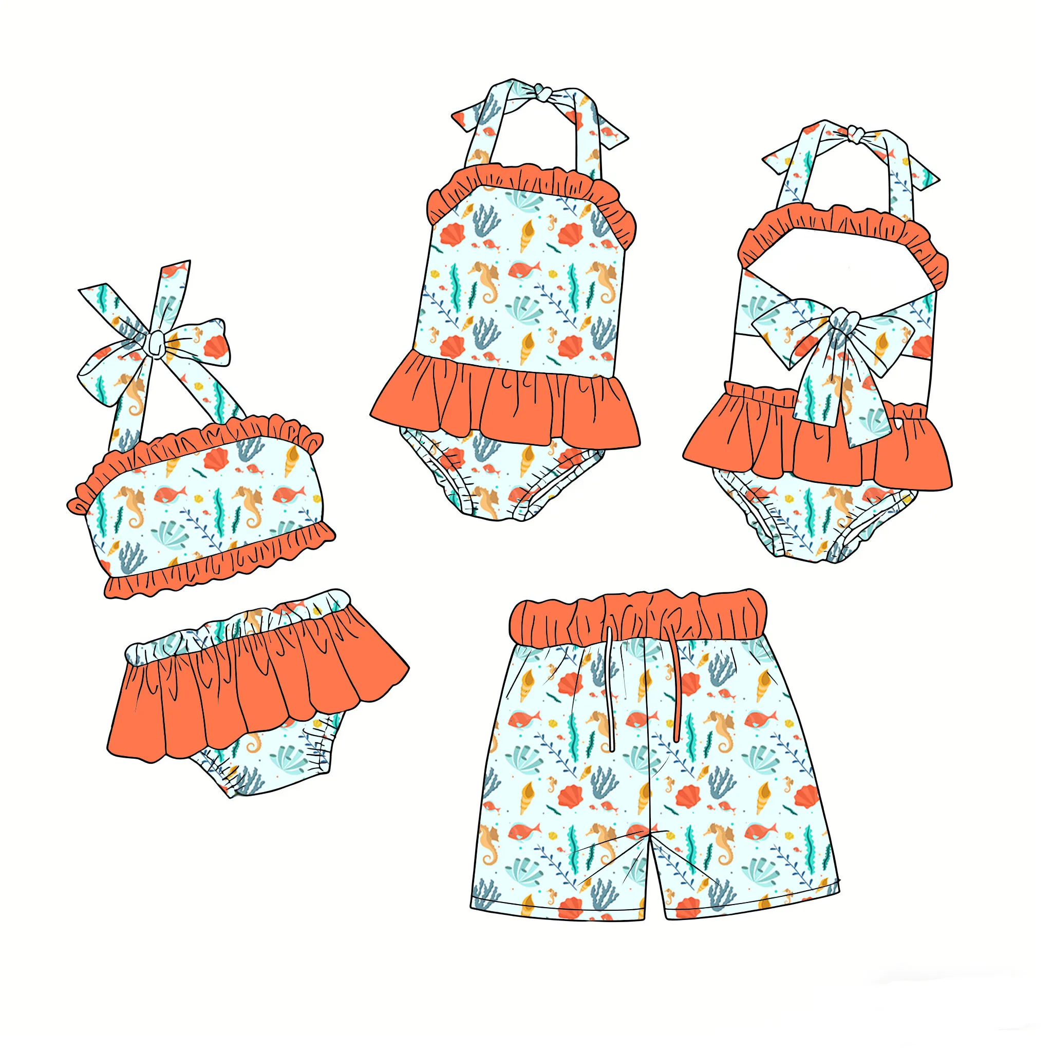 Children's Swimsuit Set with Halter Neck Tie and Ruffles Matching Boys' Swim Trunks Various Underwater Animal Prints Custom