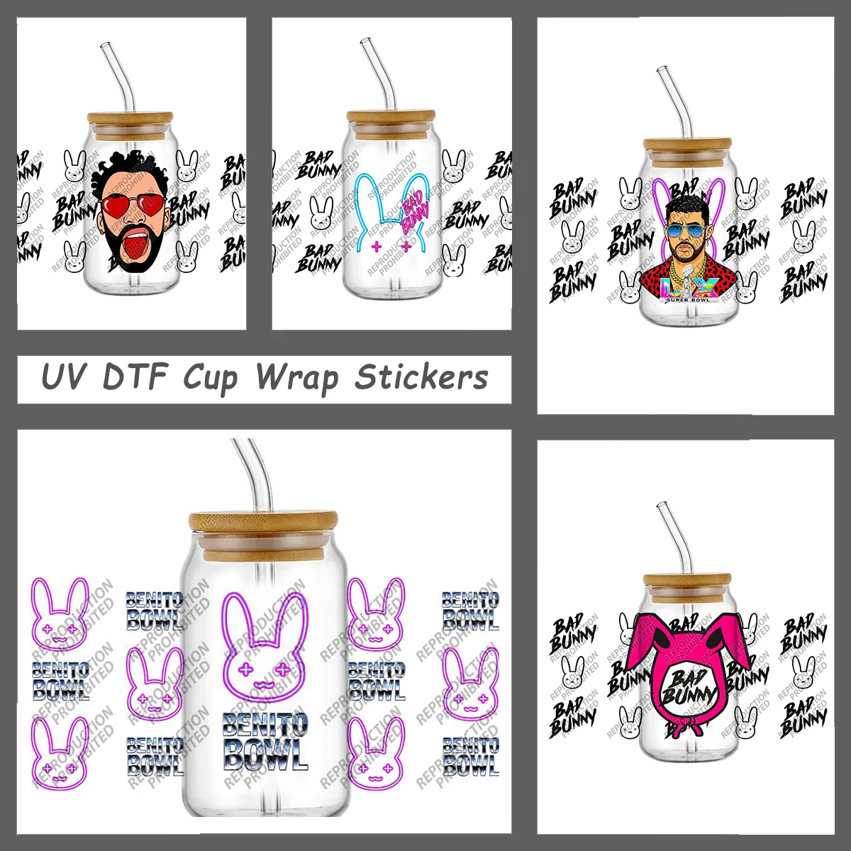 

Neon Bunny Vibes Selfadhesive Cup Transfer Stickers 16oz Libbey Can Waterproof Latin Star Pattern UVDTF Wrap Decal Vinyl Sticker