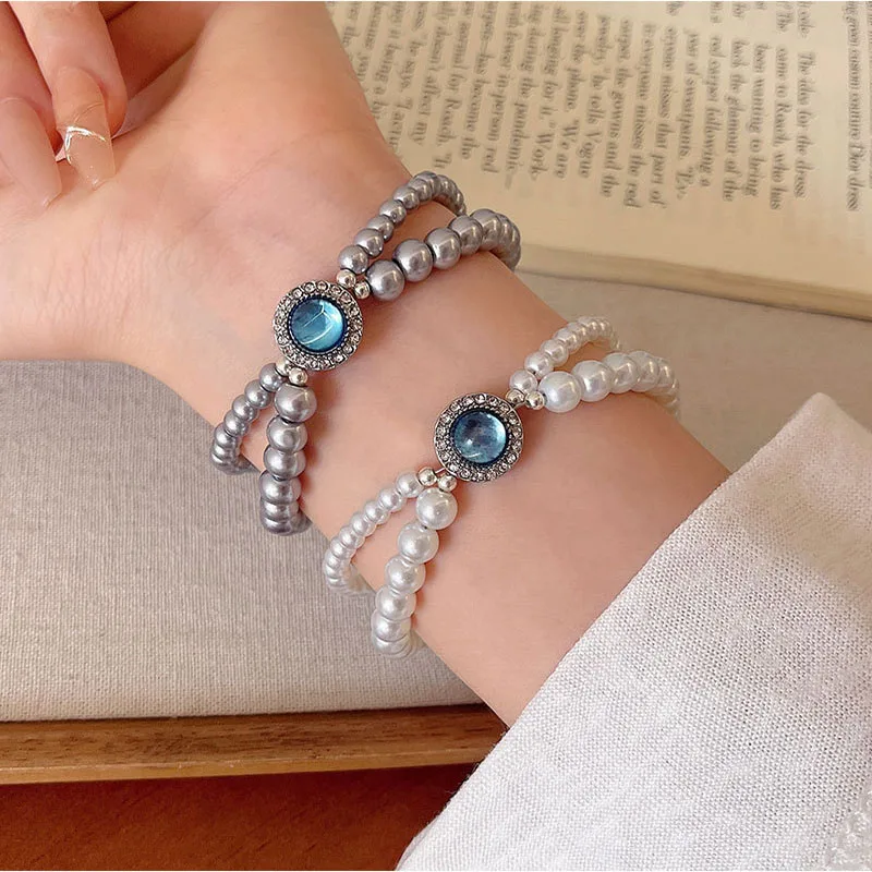 

Blue Natural Stone Zircon Double Layer Imitation Pearl Bracelet Women's Light Luxury Bracelet Niche Hand Jewelry Wholesale