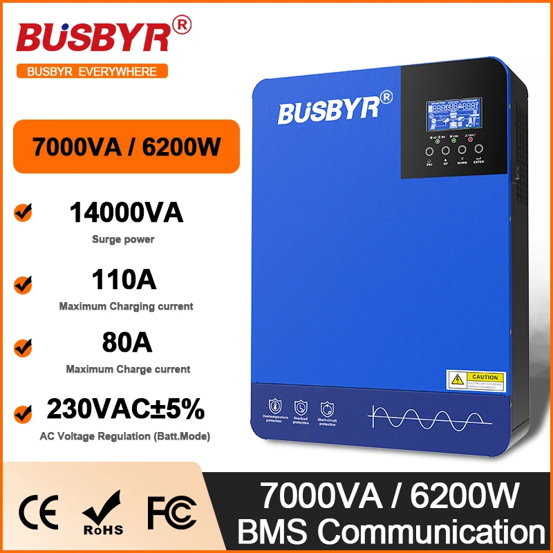 Imagem -03 - Busbyr-inversor Solar Híbrido com Controlador de Carga Mppt 7kw 4.2kw 3.2kw 2.2kw 48v 24v 12v 230v Max 80a 110a pv Max 450vdc Wifi