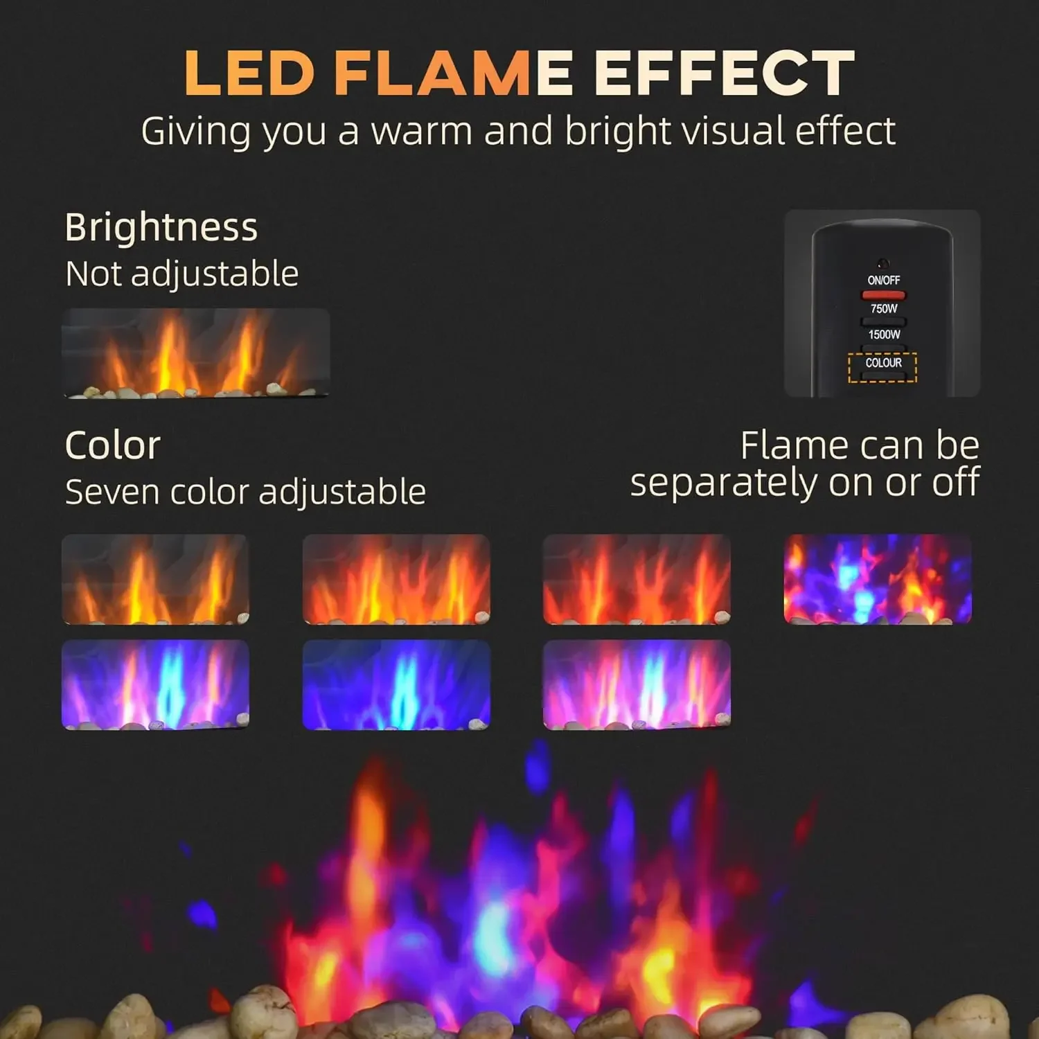 炎の効果がある電気壁取り付け暖炉、黒い暖炉、7色の背景ライト、28.5インチ、1500w