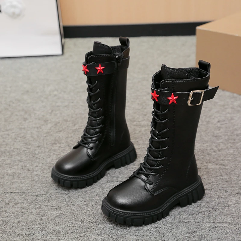Kids' Star Decorated Lace Up Knee High Boots for Girls Cool Baby Girls Warm Square Heel Round Toe Casual Comfortable Boots