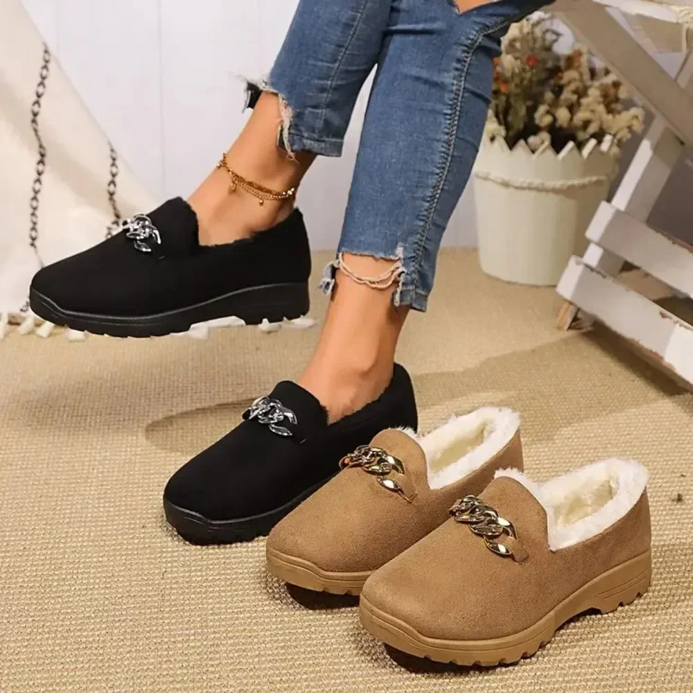 2024 Winter Chain Decor Thick Plush Flats Shoes for Women Comfort Warm Casual Shoes Woman Solid Color Soft Sole Slip On Loafers