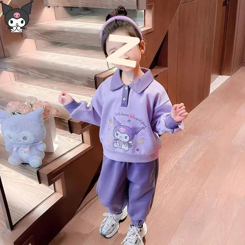 

Kawaii Cartoon Anime Girls Lapel T Shirt Set Kuromi Sanrio New Sports Casual Trousers Long Sleeves Fashionable Skin Friendly