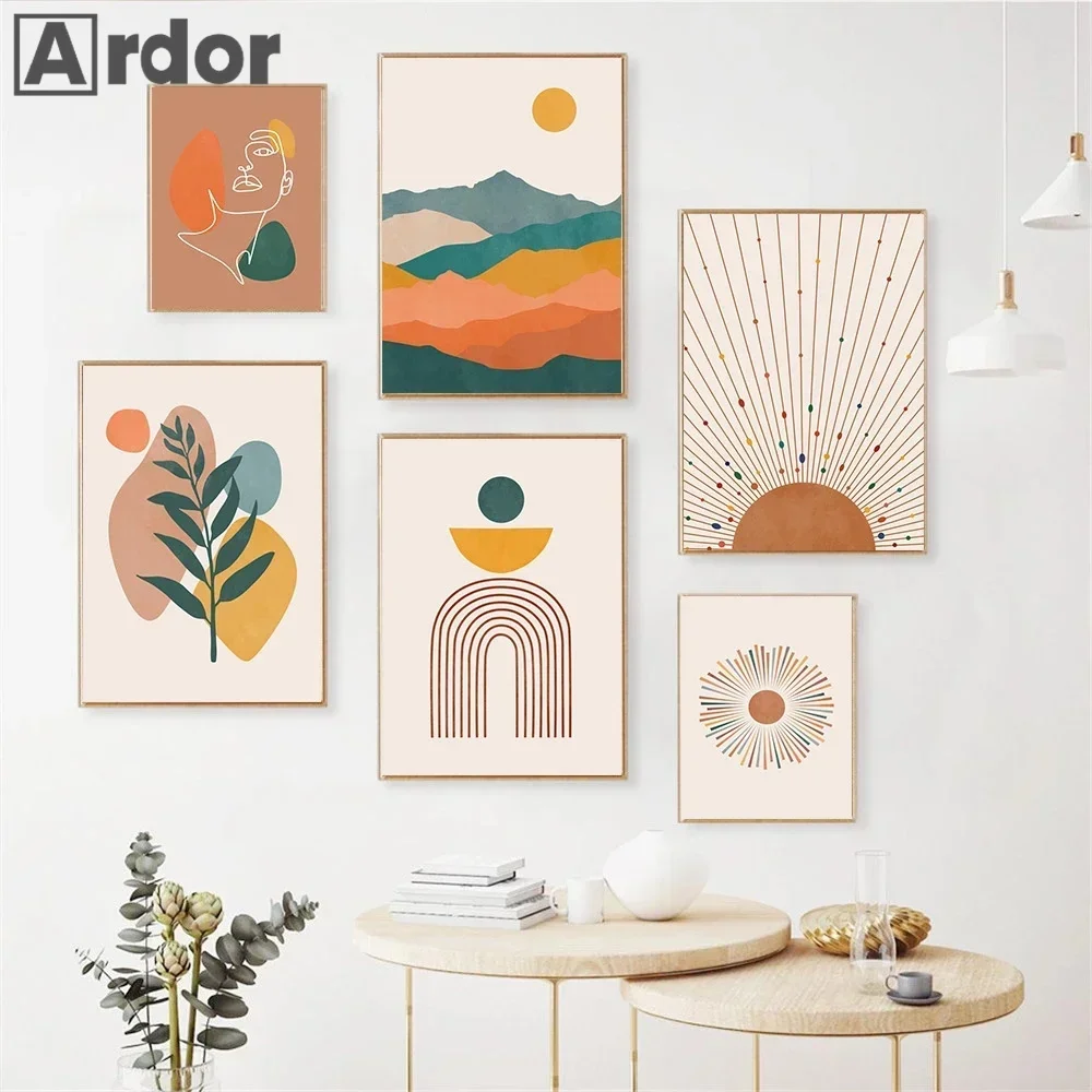 Abstract Terracotta Mustard Sun Poster Boho Canvas Painting Mid Century Art Print Modern Wall Art Picture Living Room home decor