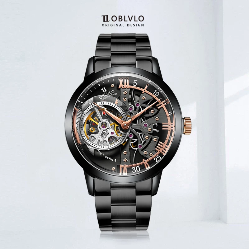 OBLVLO New Design Skeleton Watches All Black Automatic Watches With Sapphire Crystal Relogio Masculino VM