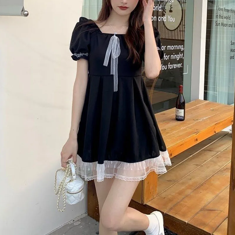 Lolita Sweet 2024 Summer New Women\'s Minimalist Square Collar Lacing Spliced Lace Puff Sleeve Fashion Slim Chic A-Line Dress