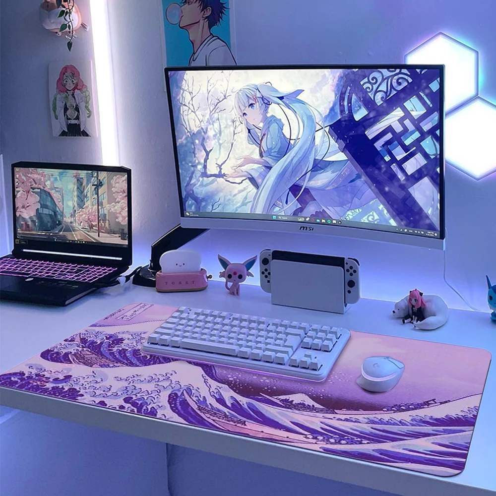 Estilo japonês grande roxo mouse pad, tapete de jogos para pc, acessórios de computador, grande onda, casa, escritório, 100x50, 90x40