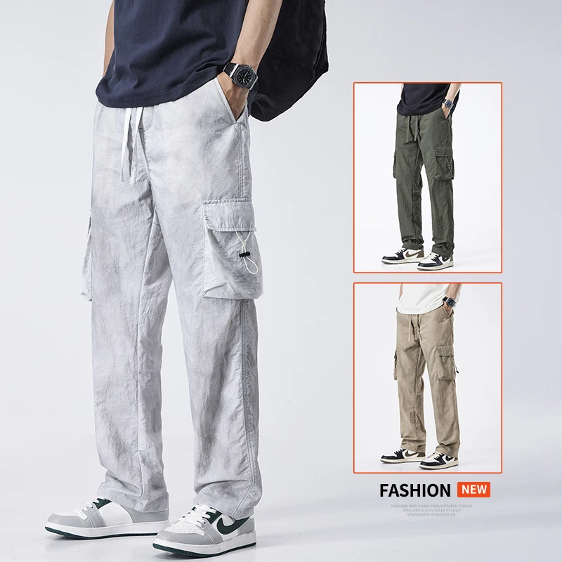 2024 Spring New Style Korean Fashion Men's Baggy Khaki Cargo Pants Cotton Outdoor Style Drawstring Straight Trousers Male