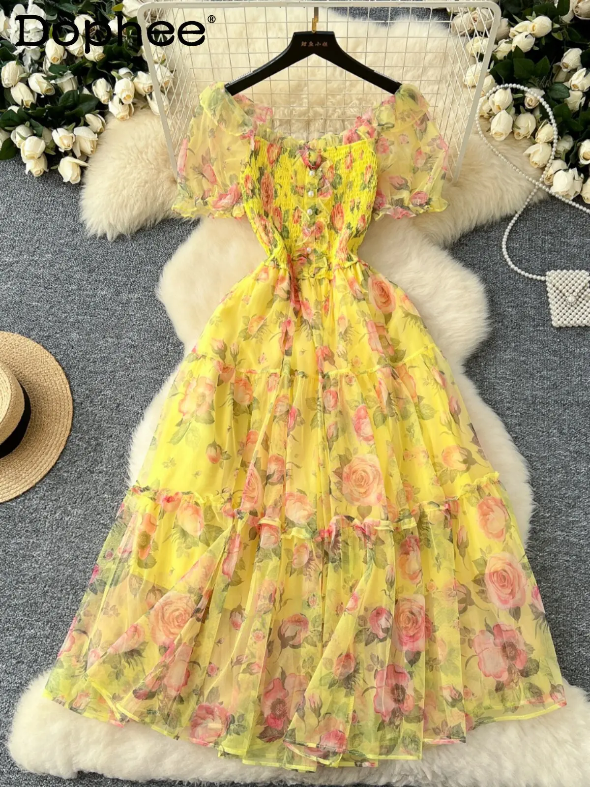 

French Retro Gentle Style Floral Chiffon Women's Dress 2026 Summer New Waist-cinching Elegant Puff-sleeve Long Dress