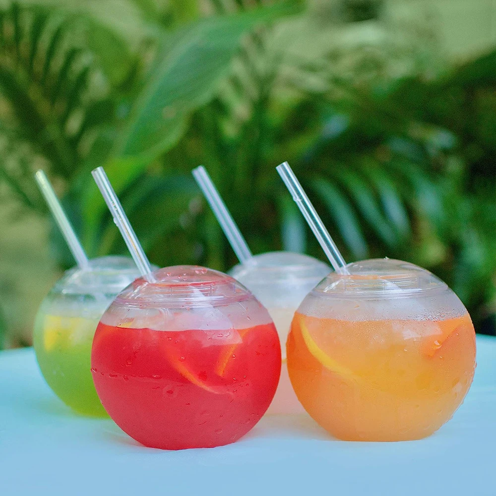 Fishbowl Sphere Shaped Reusable Drinking Party Cups, 22 oz Fun, Unique Design Sits Flat, 4 Straws Included - Great for Kids