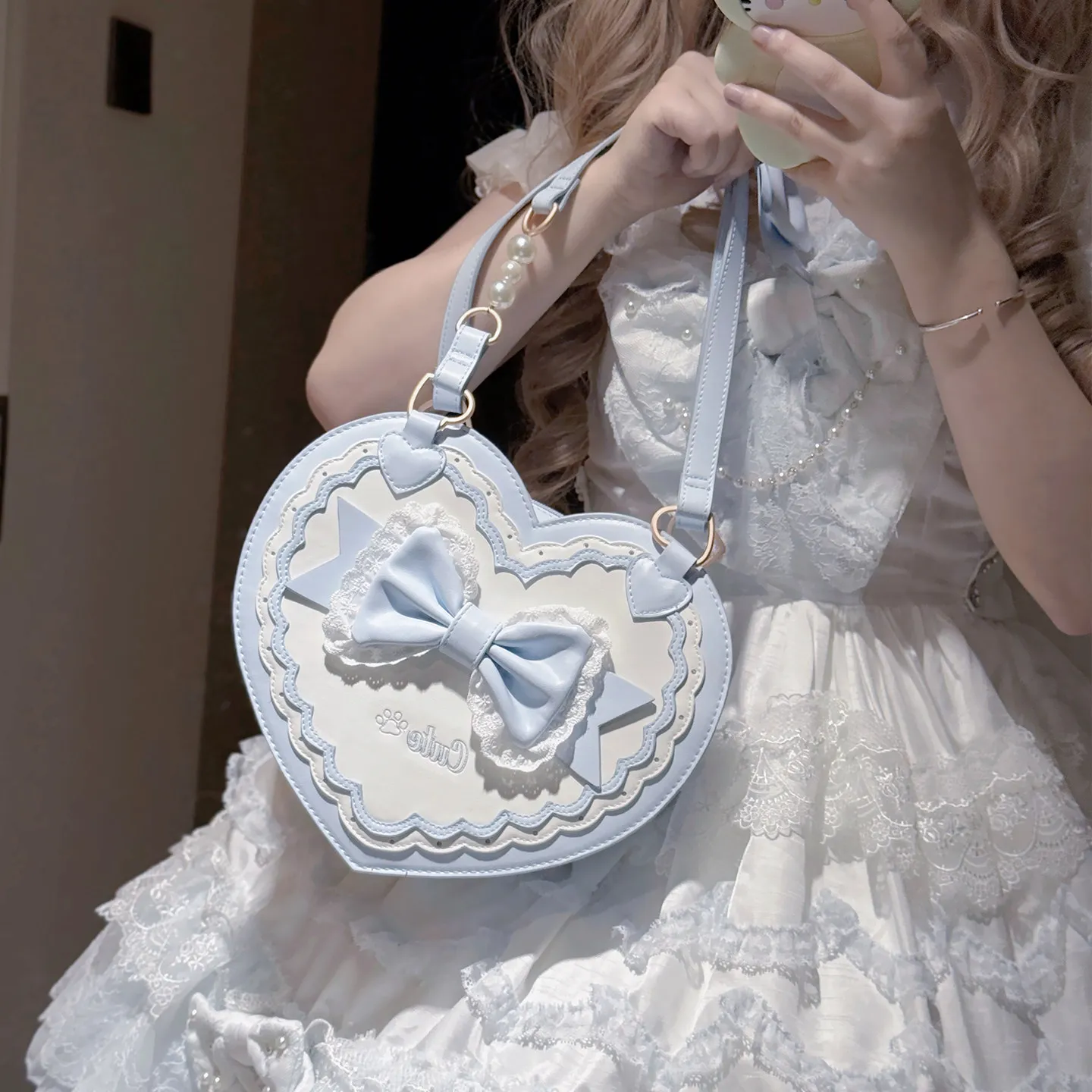 Japanese Original Sweet and Cute Lolita Bow Love Bag Soft Girl Large Capacity Beautiful Lo Portable Messenger Bags for Women