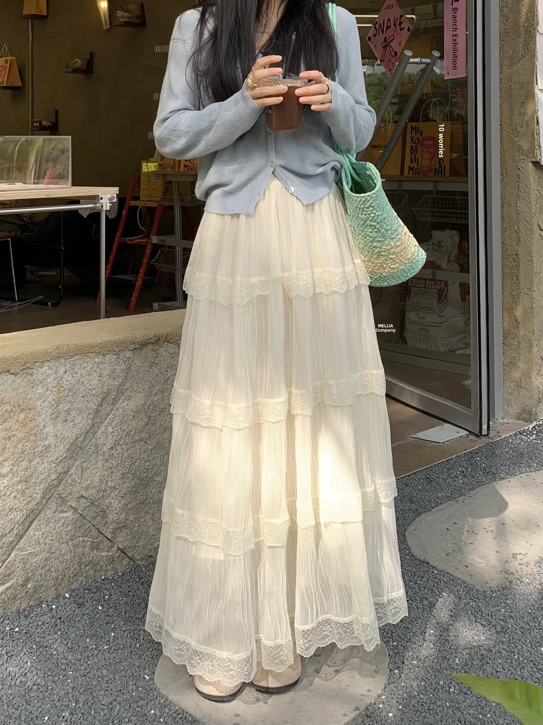 

Нежная кружевная юбка-миди А-силуэта с завышенной талией для женщин, весенняя, в стиле «гентль», повседневная, без рукавов