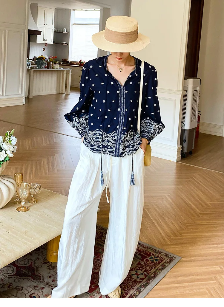 2025 الربيع والخريف قميص نسائي البوهيمي شرابة الخامس الرقبة طويلة الأكمام قميص البحرية الفرنسية الرجعية التطريز بلوزة عطلة #6