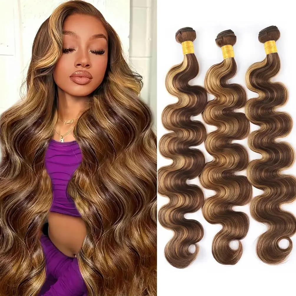 28인치 허니 블론드 4/27 하이라이트 바디 웨이브 번들 16A 버진 생인모 브라질리언 4/5/6피스 헤어 익스텐션
