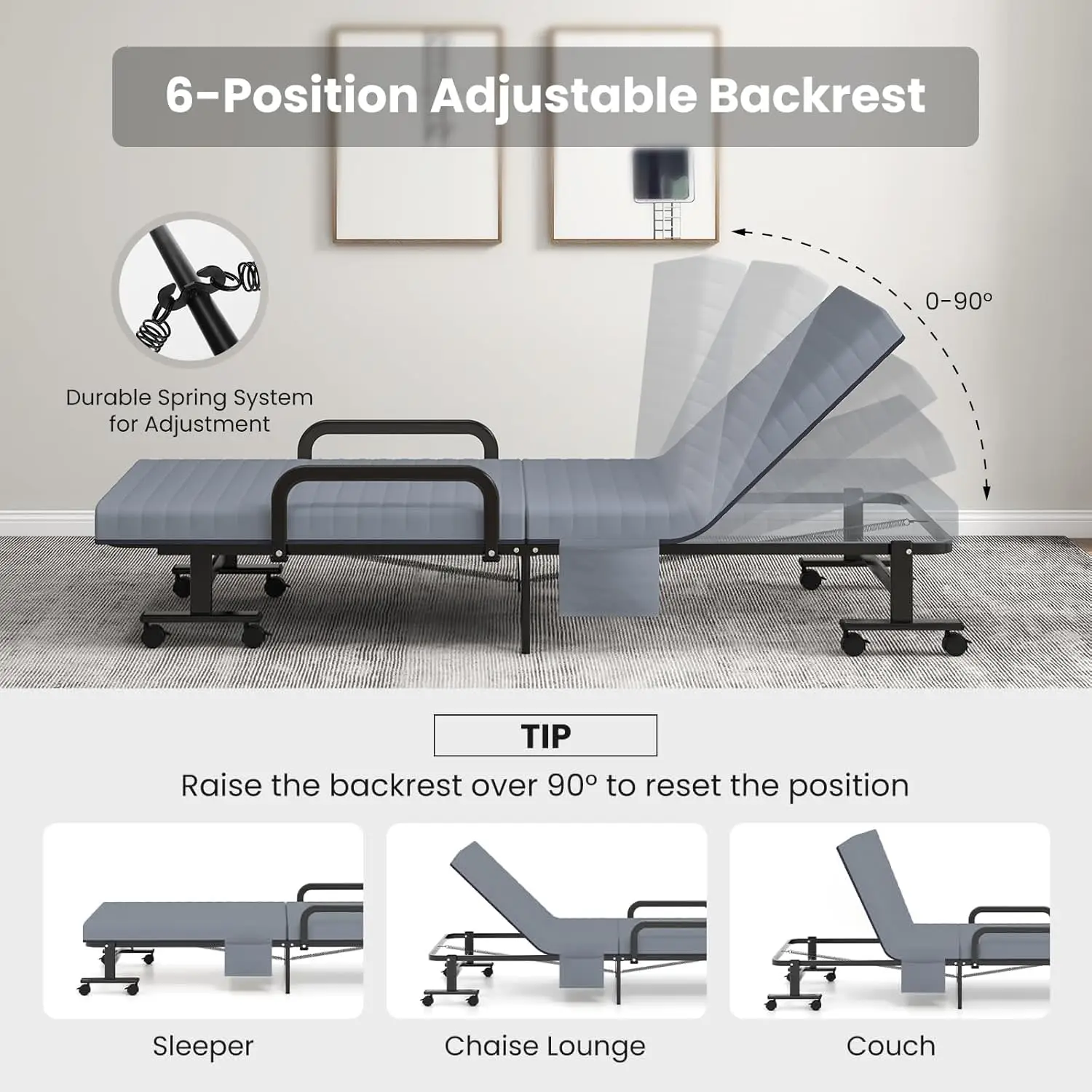 Lit pliant avec matelas, lit d'invité portable pliable avec 6 positions réglables et poche de rangement latérale