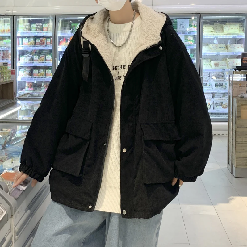 Short Parkas Men Simple Chic Loose Ulzzang Casual Hooded Outwear New Fashion Pocket Street All-match Plus Velvet Winter Clothes