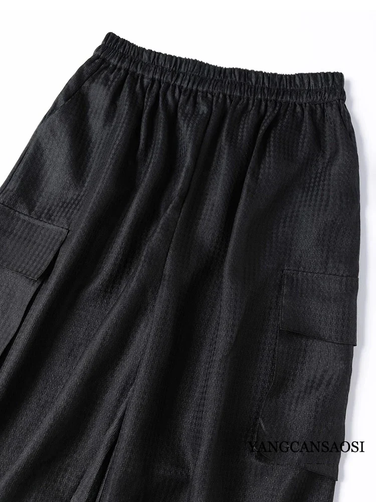 Women's Fashion New Style Thousand Bird Grid 100% Natural Mulberry Silk Gambiered Guangdong Gauze Elastic Waist Lantern Pants