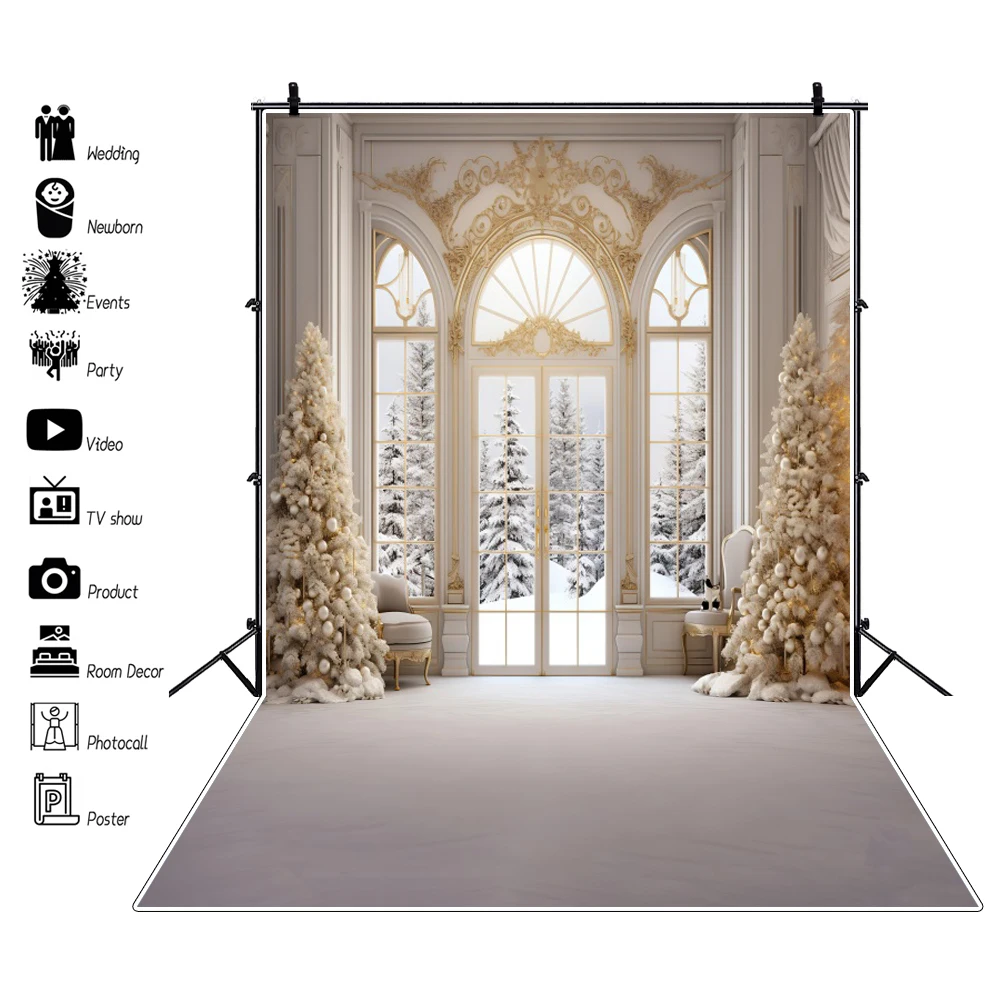 Winter Christmas Backdrop White Palace Wall Xmas Tree Gift Fireplace Window Forest Kids Family Party Photography Background