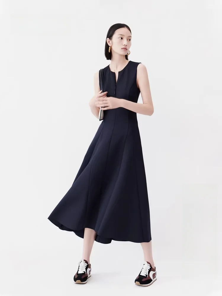 

Edition Women's Svel Waist-Cinching Dr Spring New Sle Front Zipper Vest Long Dr A-Line Midi Dr Pure Color