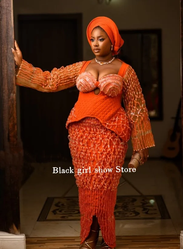 مخصص البرتقال فتاة أفريقية فستان الزفاف مطرز الزينة تألق كريستال يزين فستان زفاف فاخر حفل زفاف #1