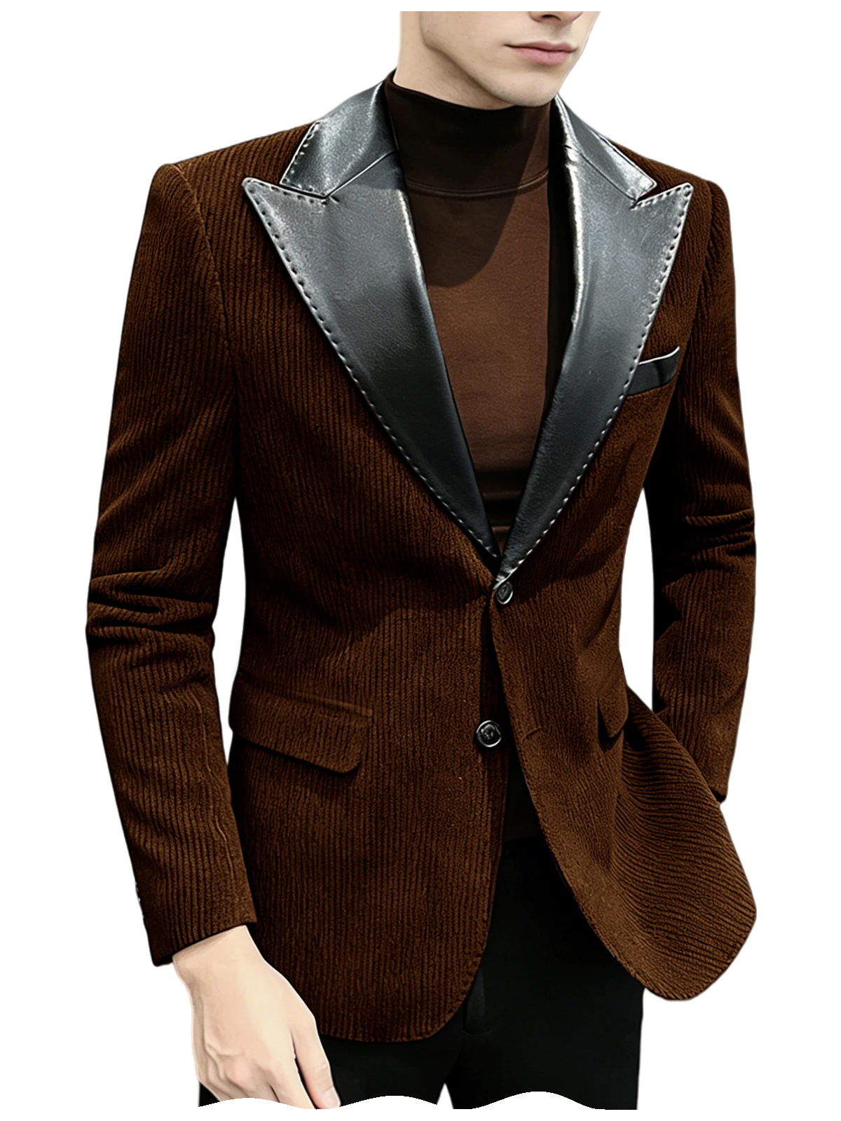 Blazer da uomo in velluto a coste stile britannico Giacca monopetto di alta qualità Cappotti impiombati con collo in pelle PU moda