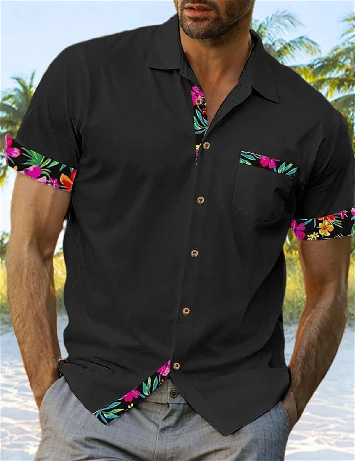 Men's light color natural pattern 3D printed lapel button short-sleeved shirt thin Hawaiian outdoor vacation casual top