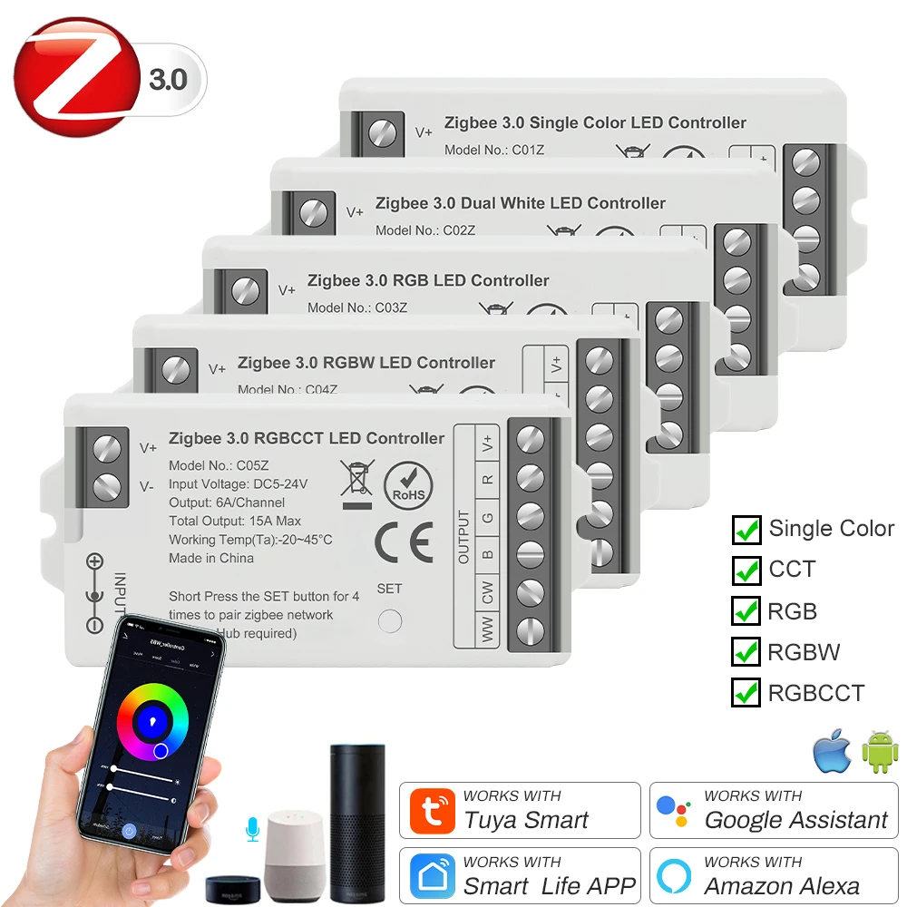 Tuya Zigbee LED Controller for CCT RGB RGBW RGBCCT LED Strip Smart Dimmer Support Hue Bridge SmartThings Alice Voice Control