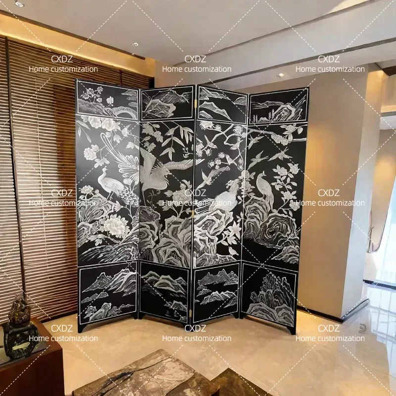 Retro Crane Flower Bird Gold Foil Screen Lacquer Painting Partition for Living Room Entrance Tea Room High End