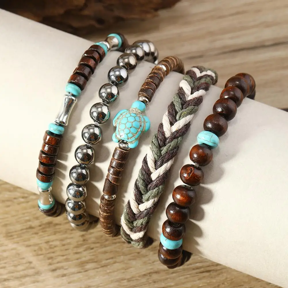 5 Pcs Braided Bracelet Set Weaving Wooden Bead Decor Turtle Pendant Bohemian Faux Turquoise Stone Stone Bracelet Wrist Jewelry