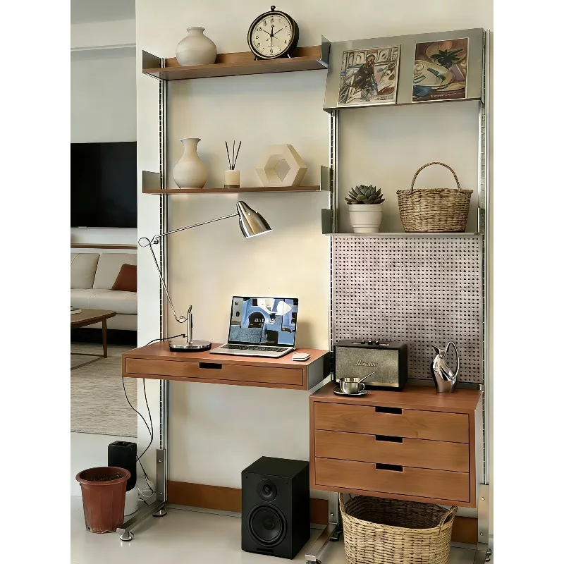 Solid wood perforated board storage shelves, living room multi-layer display racks, floor-to-ceiling bedroom hangers