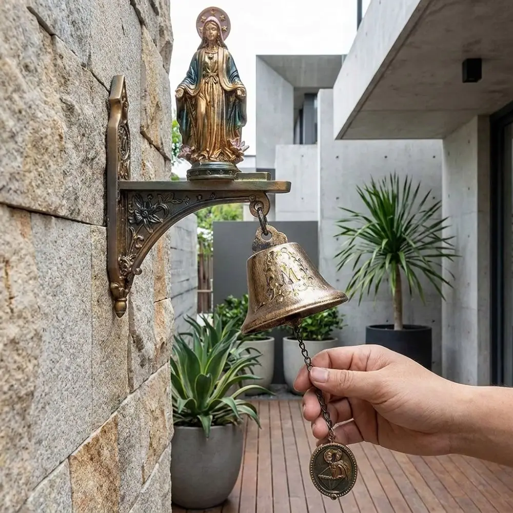 Religious Our Lady of Grace Wall Bell Metal Bell Antique Medal Doorbell Catholic Christian Holy Resin Figure Porch