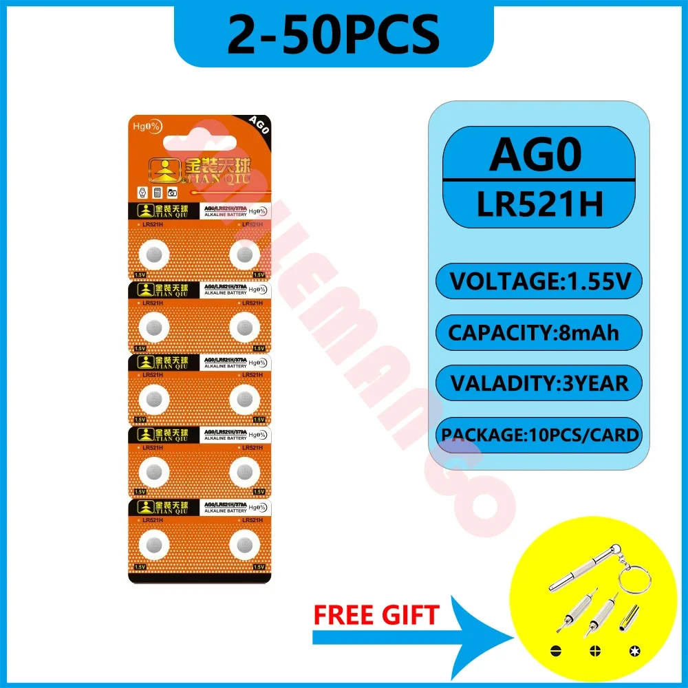 TIANQIU 2-50PCS LR521 AG0 Button Batteries SR521SW 379A 379 179 D379 SR63 1.5V Alkaline Coin Cell Silver OxideWatch Battery