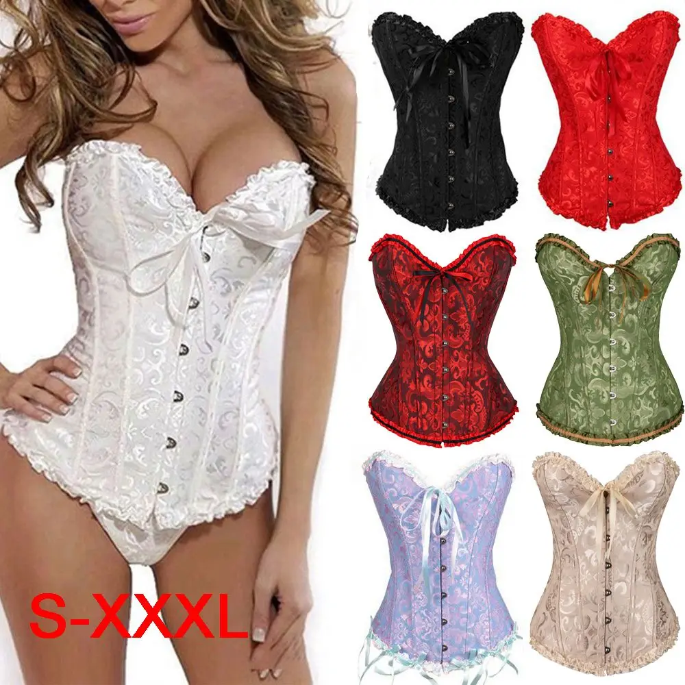 Women Sexy Gothic Satin Corset Bustier Top Brocade Stays Waist Shaper Overbust Boned Corset Top Lace-Up Costume Fancy Dresses