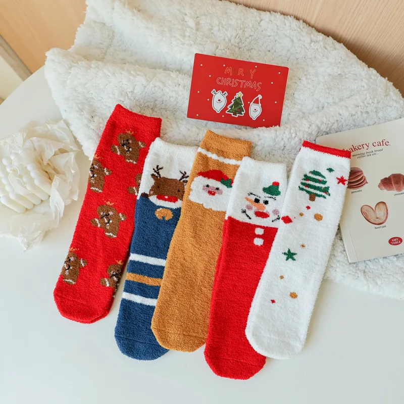 

Women Christmas Socks Winter Cute Cartoon Coral Fleece Calf Socks Thicken Warm Sweet Girl Socks Fashion Soft Home Floor Socks