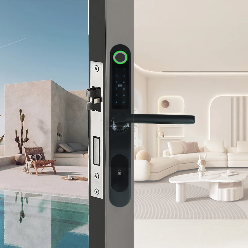 Bluetooth Waterproof Fingerprint Smart Door Lock Tuya APP RFID Card Code Keyless Electronic Aluminum/Glass Sliding