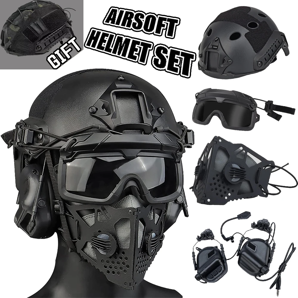 

Tactical Fast Helmet Adjustable Mask Goggles Airsoft Headset Set Outdoor Hunting Shooting Paintball Tactical Airsoft Helmets Set