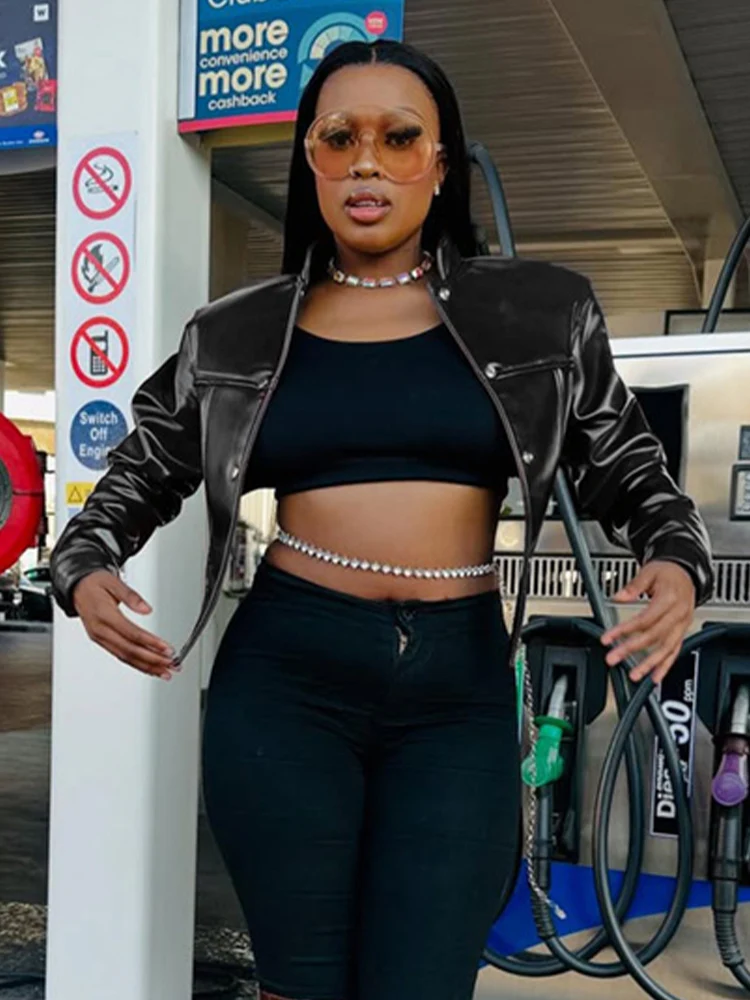 

Nibber хипстерская куртка из искусственной кожи без талии, женская сексуальная куртка с воротником-стойкой и магнитной кнопкой, шикарная уличная клубная одежда, осеннее трендовое пальто