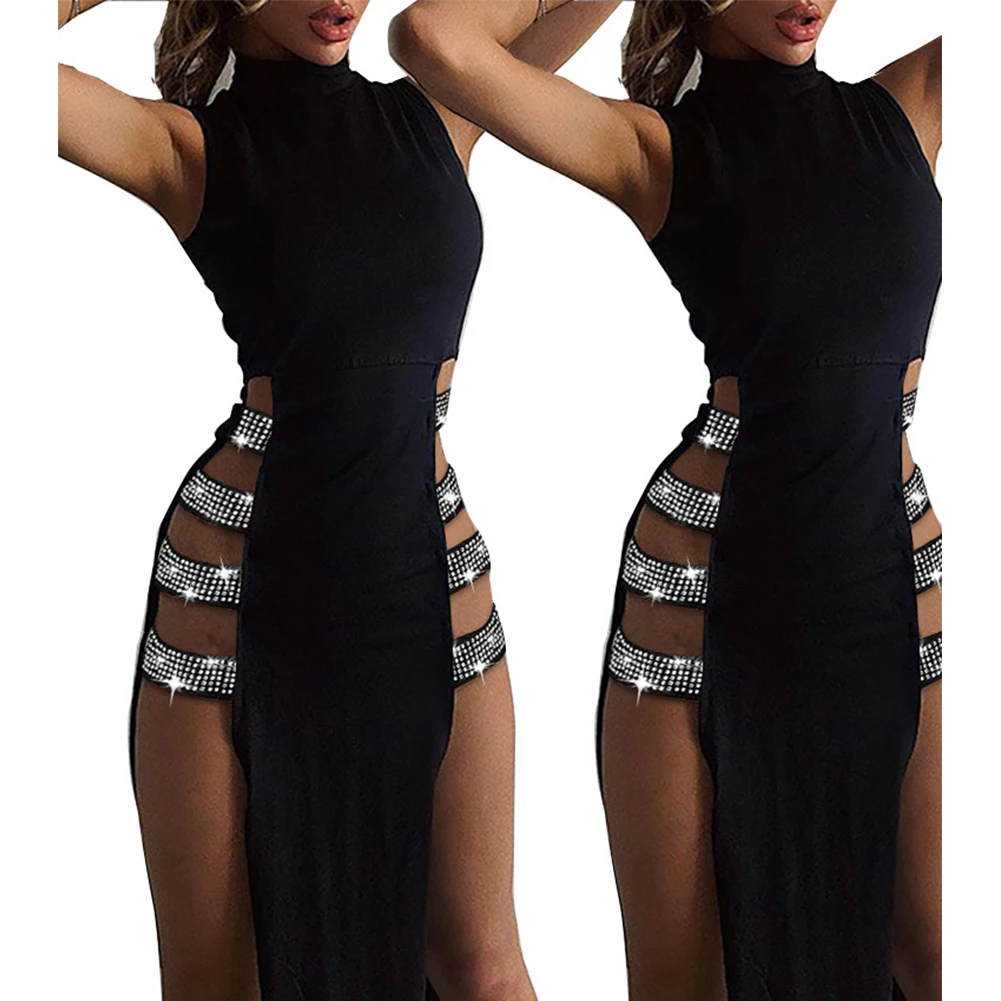 Sukienka damska typu bodycon, bez rękawów, jednolita, ze stójką, wygodna, z wycięciami, z bandażami, lekka, z wysokim rozcięciem z boku.