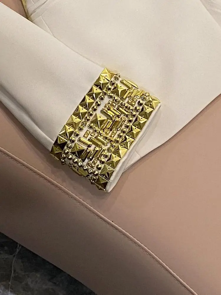 Witte Manchet Zware Verfraaid Een Knop Midi Lengte Damespak Jaet Commute Sle Slim Fit Lange Sve Pure Kleur A833