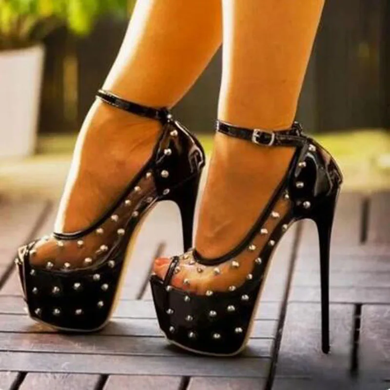 

Sexy Women Black Shiny Leather Transparent PVC Rivet Spike Studded Ankle Strap Peep Toe Platform Stiletto Heels Pumps Shoes Lady