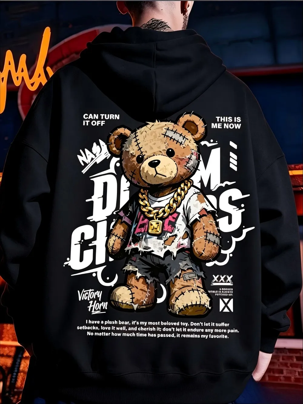 American Men's New Autumn Teddy Bear Letter Graffiti Print Comfortable and Soft Hooded Sweatshirt Outdoor Street Top