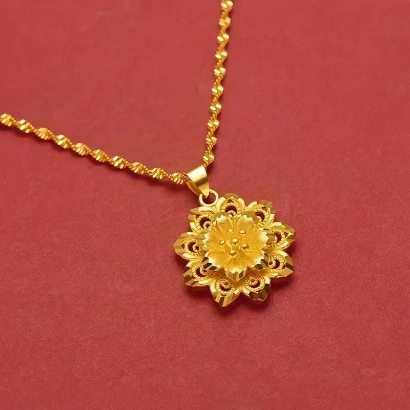 

9999 Real Gold 24K Japan and Korea Fashion Women's Flower Necklace Versatile Pendant