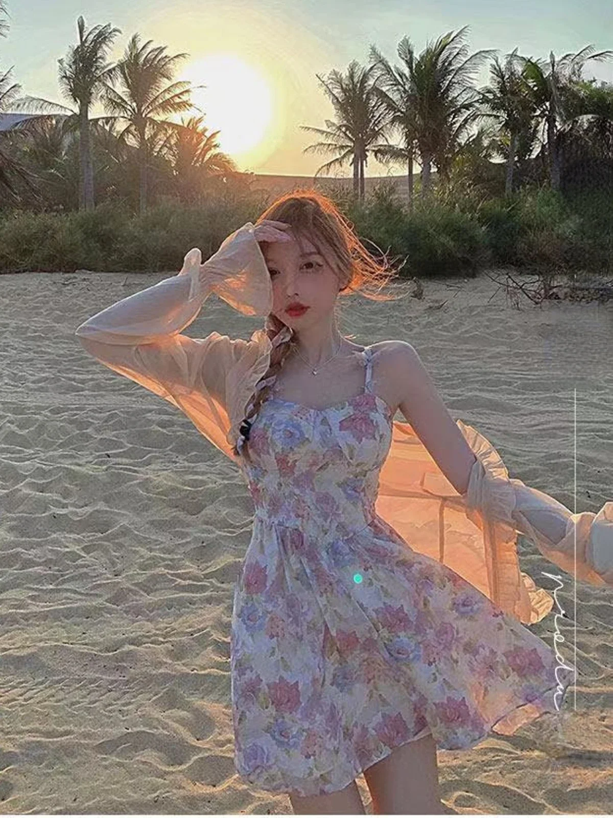 Women's Clothing Summer French Sexy Short Skirt Floral Suspenders Chiffon Dress Sun Protection Shirt Korean Version Beach Dress