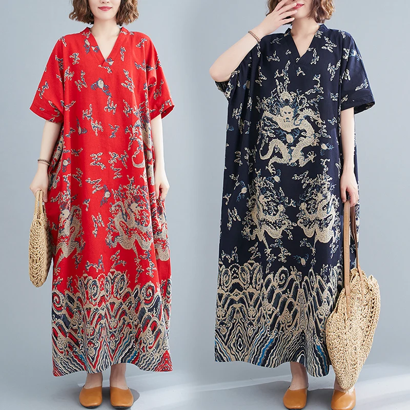 

Длинное платье из хлопка и льна с принтом в этническом стиле, женское платье больших размеров Faion Batwing Sve V Ne, закрывающее живот Dr