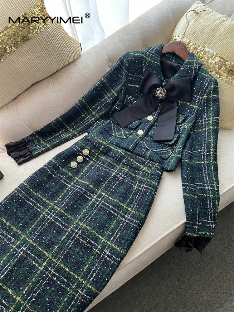 MARYYIMEI Fashion Designer Winter Plaid Tweed Skirts Suit Women\'s Bow Beading Long Sleeve Jacket + Tassel Skirt 2 Pieces Set